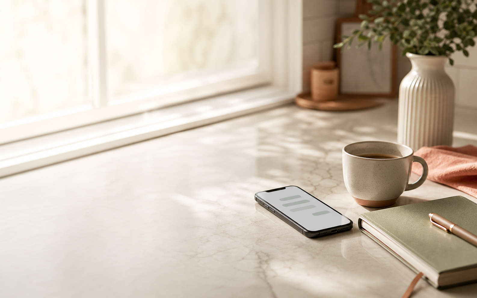 A quiet morning counter with a phone, coffee, and notebook.