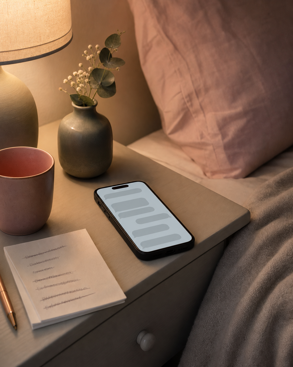 A nightstand with a phone showing unreadable message bubbles and crossed-out notes.