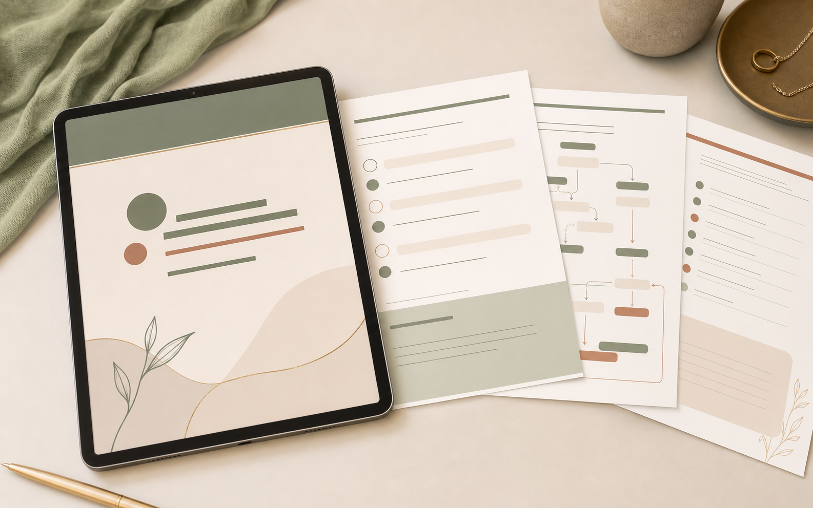 A calm digital PDF guide preview with tablet and printed pages.