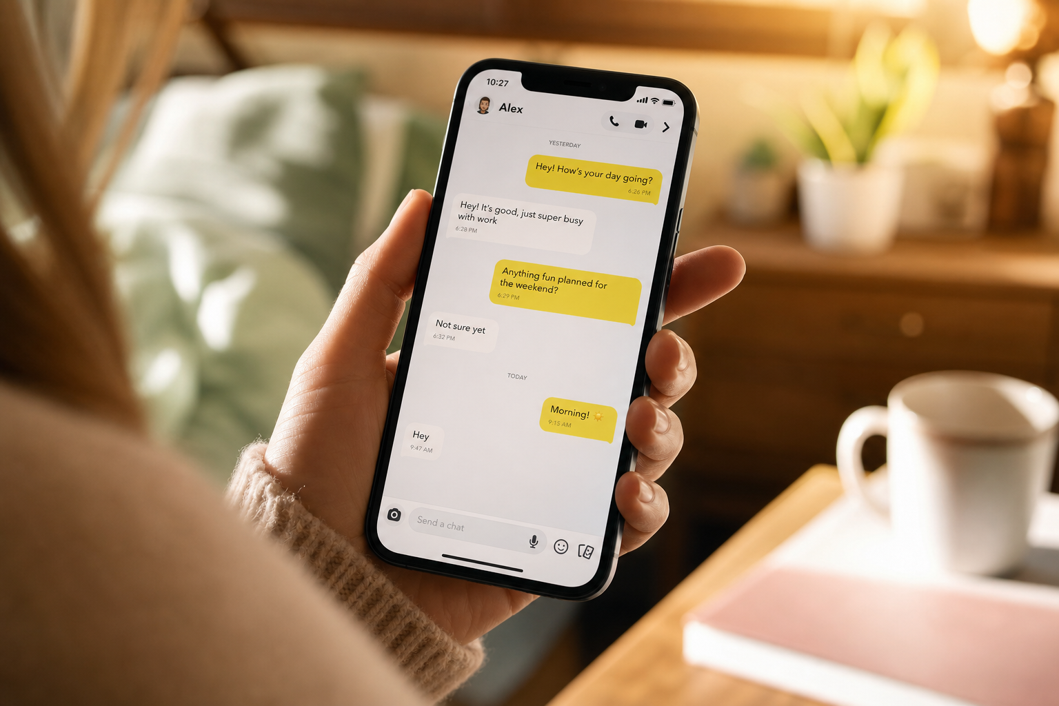 A phone showing a Snapchat-style conversation where a man's replies become slower and shorter.